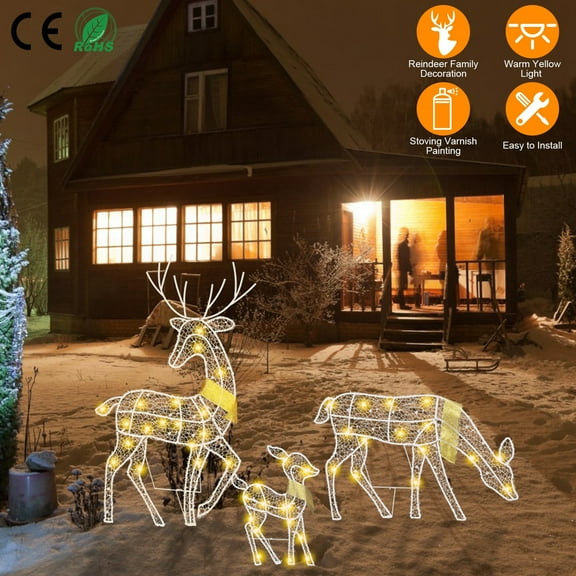 Moclever Lighted Christmas Deer, 3Pcs Lighted Reindeer Christmas Decoration Family Set with 3 Lighting Modes for Outdoor Decorations, White