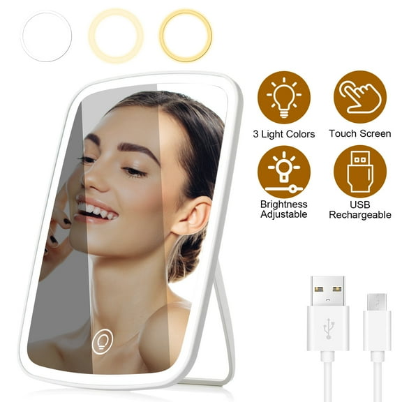 Moclever Lighted Makeup Mirror, 5.98x8.62in LED Makeup Mirror with 3 Light Colors Touch Screen Brightness Adjustable for Home Travel, White