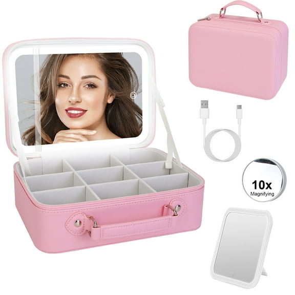 iMounTEK Cosmetic Bag with LED Lighted Mirror Makeup Bag with Mirror for Travel, Pink