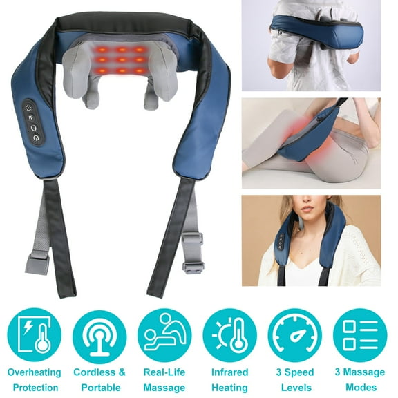 Moclever Neck Massager with Heat, Electric Shoulder Massager with Infrared Light Heating 3 Massage Modes Speeds Kneading Grasping Shiatsu Massage Pillow for Back Arms Thighs Release Pain, Blue