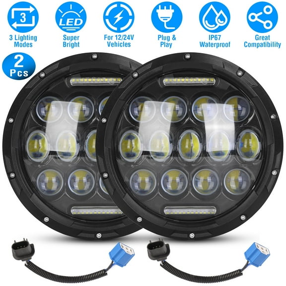 TeqHome Pair 7In Round LED Headlights With DRL High Low Beam for Jeep Wrangler JKU Jk Tj CJ TJ Harley Davidson with H4 to H13 Adapters Plug and Play 75W