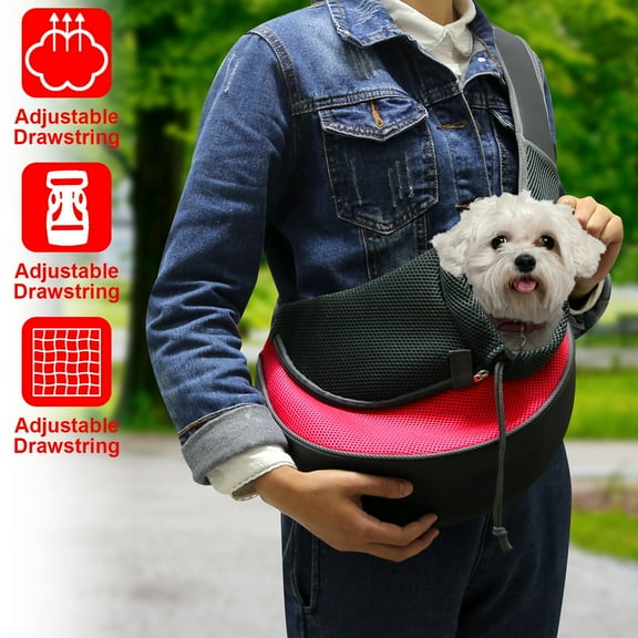 Moclever Pet Dog Sling Carrier Dog Sling with Net Bag for Carrier Dogs Cats Hands Free Pet Bag Dog Sling Backpack, Red, 17.72x14.17in