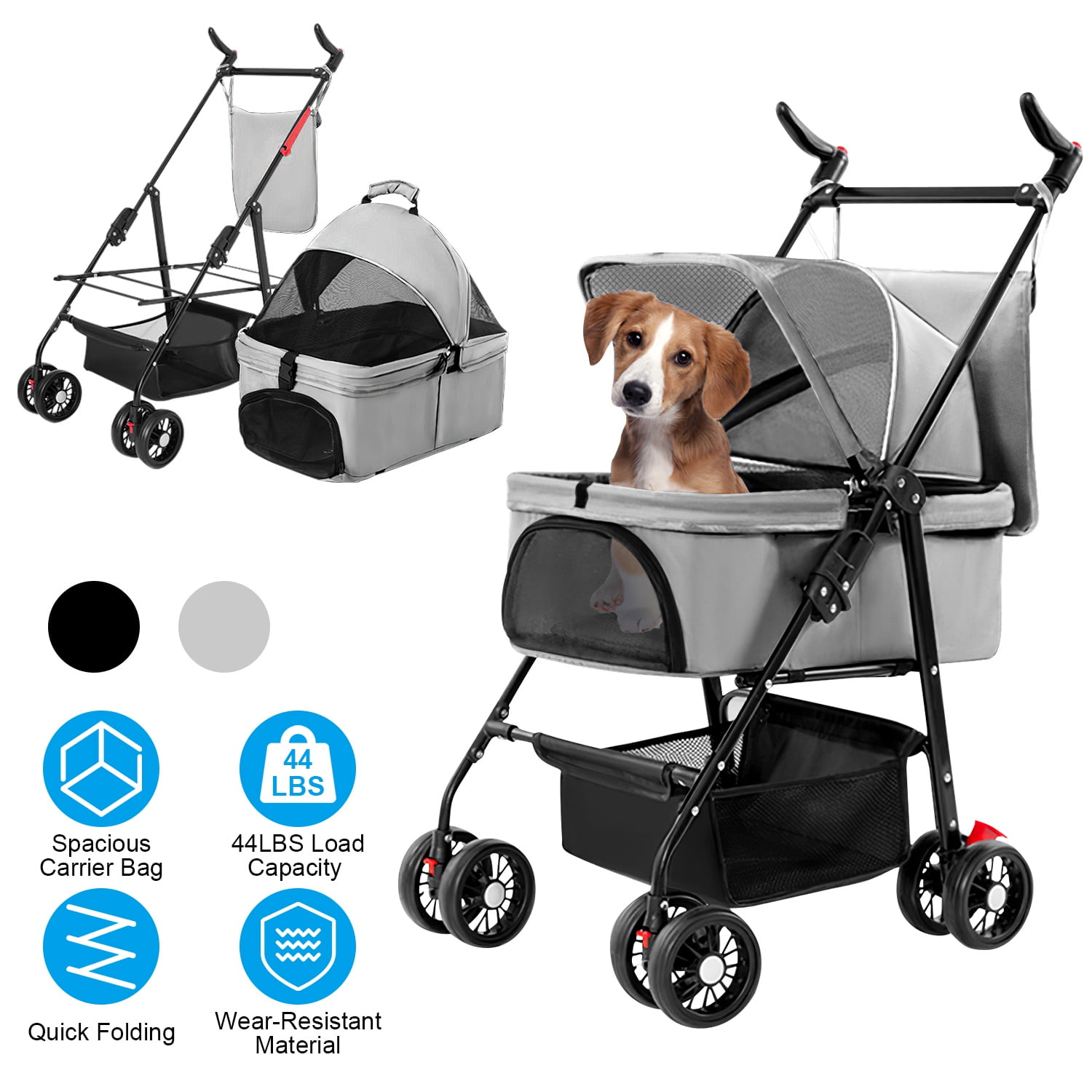 ROODO 3-in-1 Dog Stroller - Detachable Carrier & Car Seat Combo For Small Pets Up To 30 Lbs