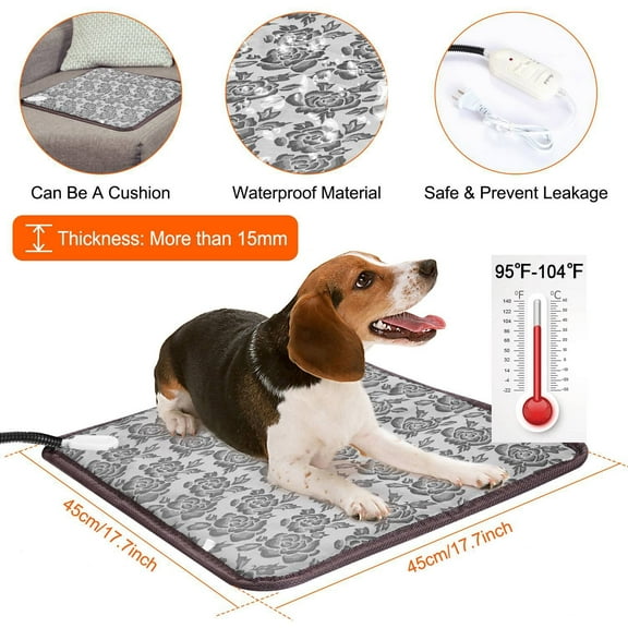 Pet Heating Pad, Heated Cat Dog Bed Mat with Anti- Steel Cord, Dual Temperature Dual Control,17.7x17.7inch
