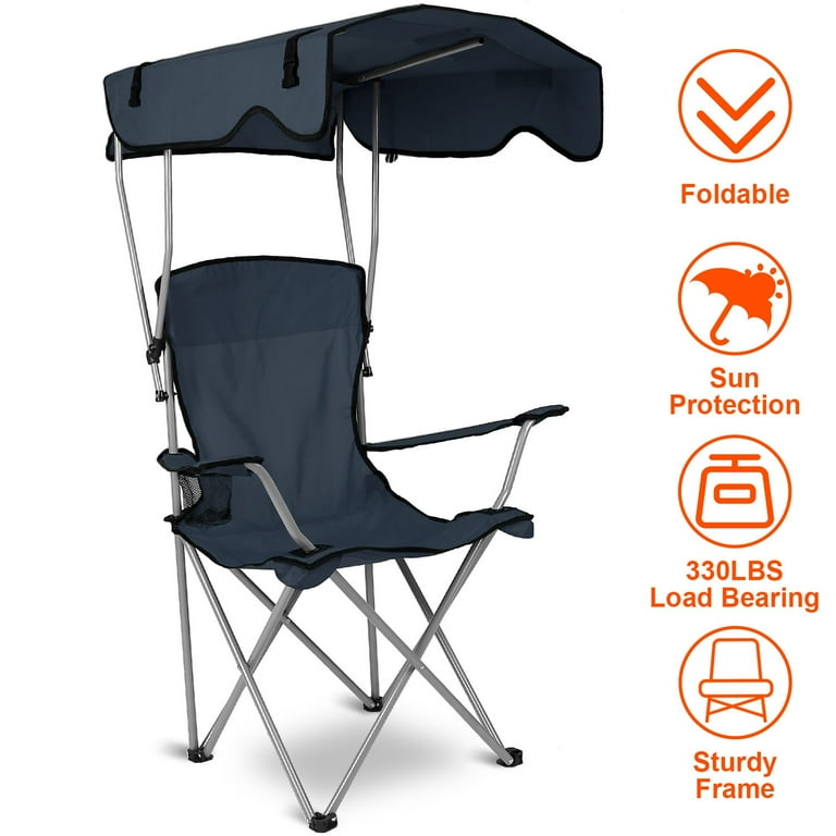 Moclever Portable Camping Chair Foldable Beach Canopy Chair Sun Protection 330lbs Load with Cup Holder for Outdoor Beach Travel Navy Blue