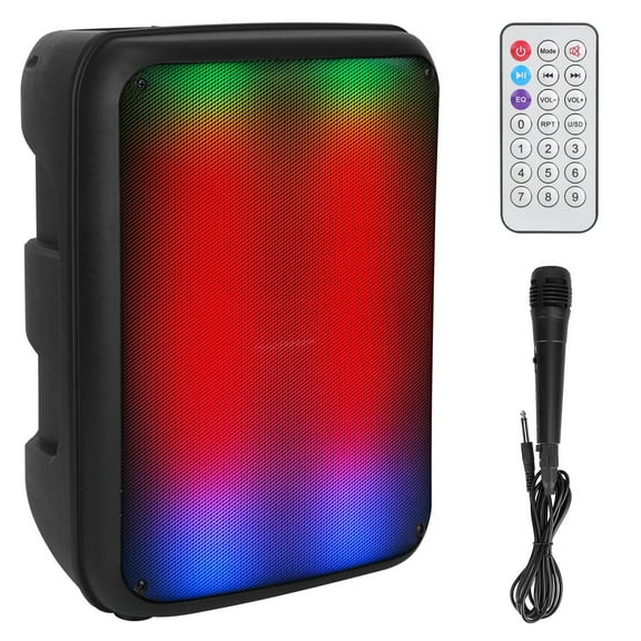 Teqhome Portable Wireless Party Speaker 8in Colorful Lights DJ PA System TWS Function FM Radio USB MMC Card Reading Aux In Recording Function Mic