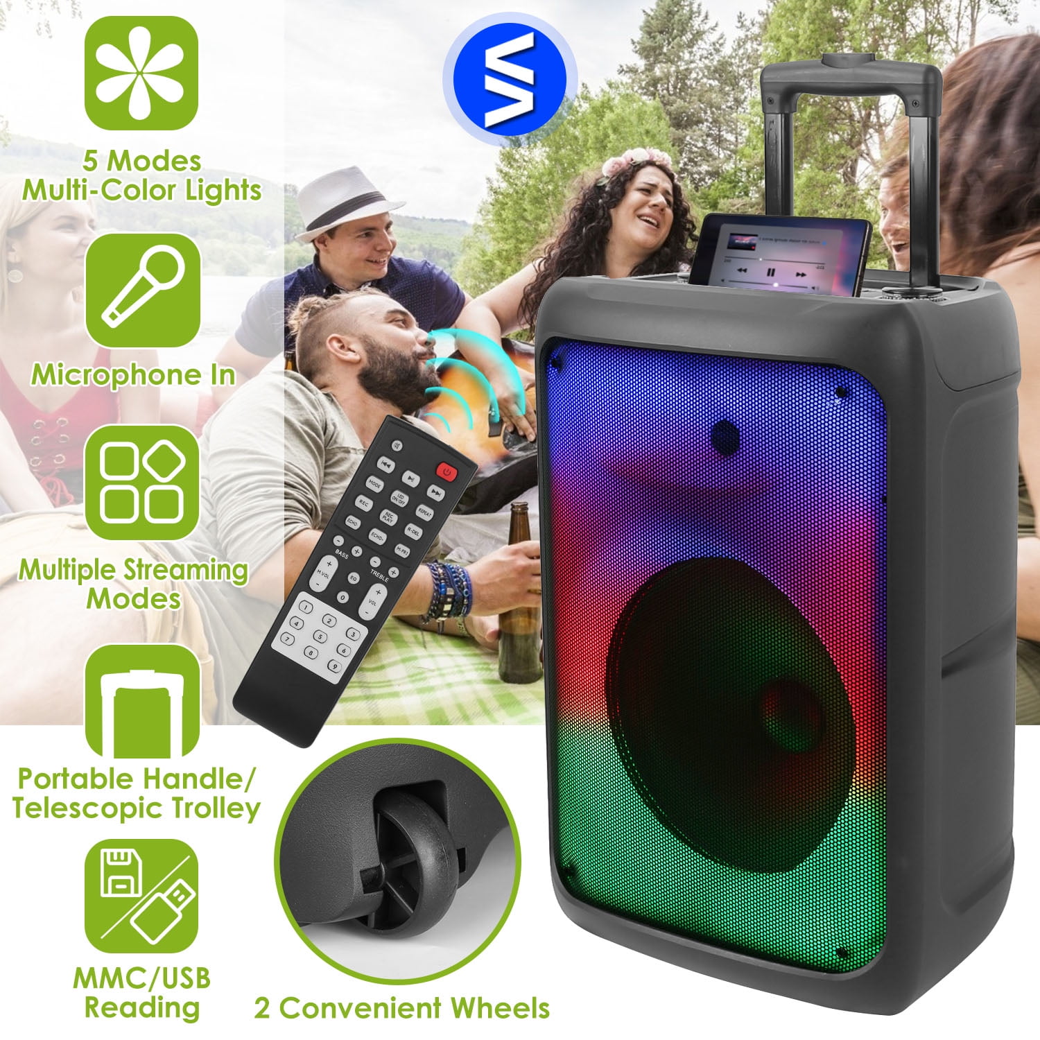 iMounTEK Portable Wireless Speakers on Wheels with Lights, Remote