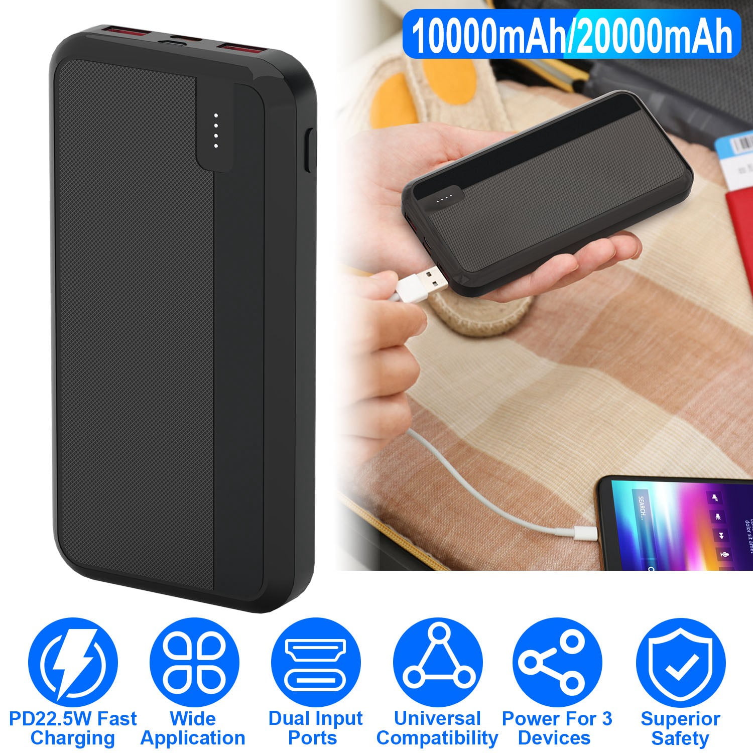 iMounTEK Power Bank 10000mAh 22.5W Fast Charging Huge Capacity External Battery Pack for Most Electronic Devices, Black
