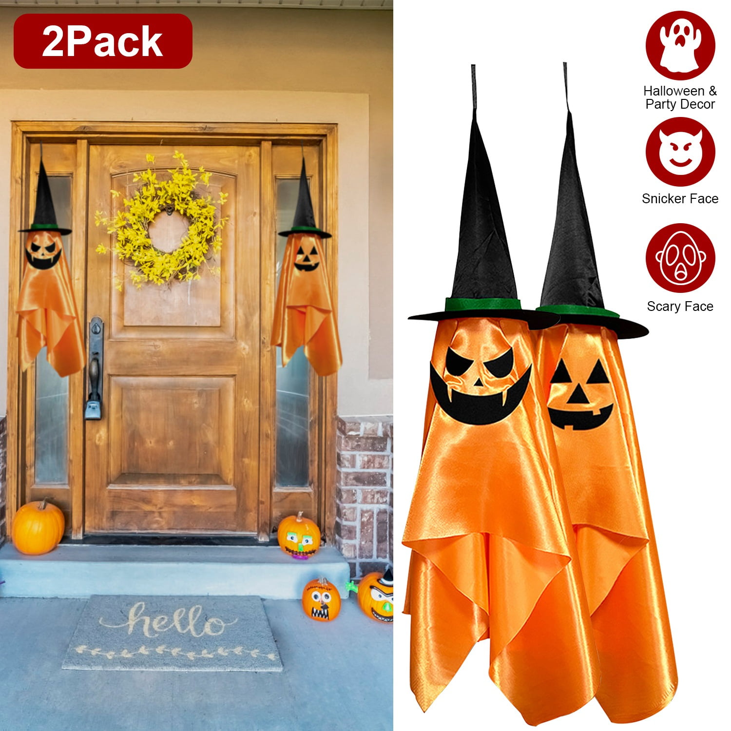 Moclever 2Pcs Pumpkin Wizard Hat Halloween Hanging Ghosts with Wizard Hat for Eave Tree Porch, Orange