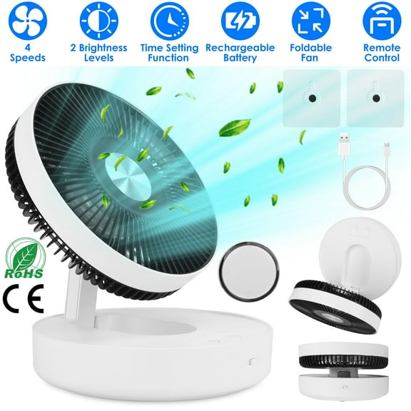 Moclever Rechargeable LED Desk Fan, Foldable Hanging Fan Wall Mounted Fan with 4 Speeds 2 Brightness Time Setting Automatic Rotation, White