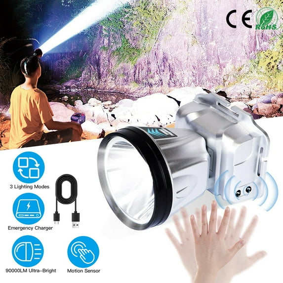 Moclever Rechargeable LED Headlamp 90000LM Headlight Torch Flashlight Waterproof High Power with Motion Sensor 3 Light Modes for Fishing Running Camping Hiking