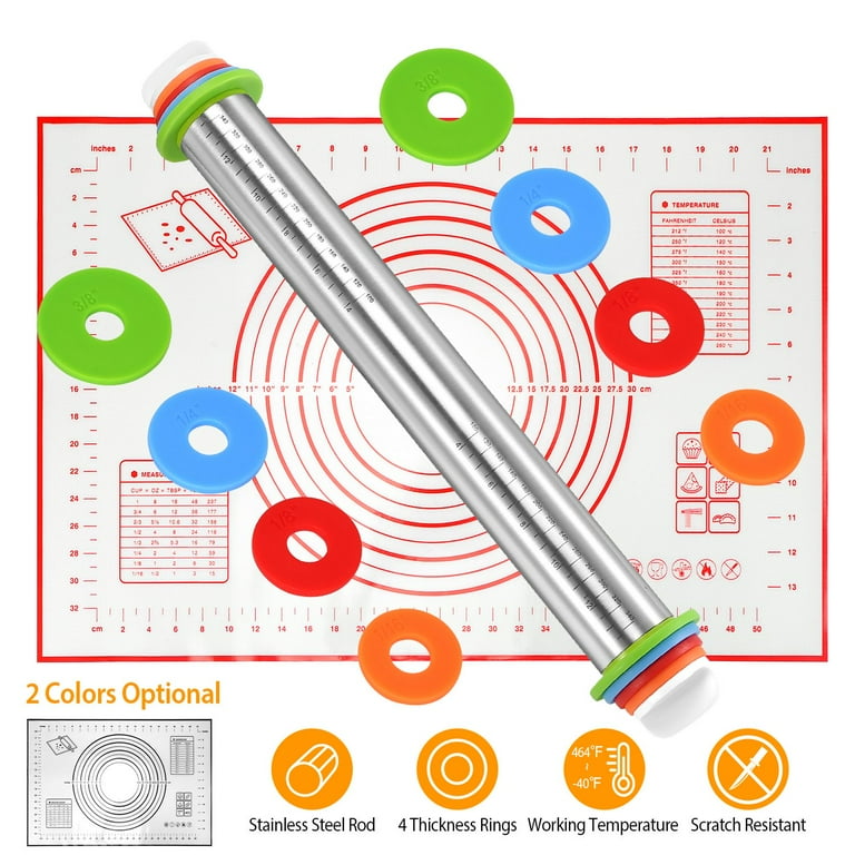 Rolling Pin and Pastry Baking Mat Set, iMounTEK Rolling Pins with Adjustable Thickness Rings, Stainless Steel Dough Roller for Baking Fondant, Pizza