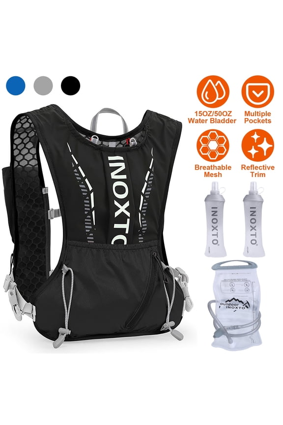 Runing Hydration Vest Backpack with 15oz 50oz Water Bladder, Adjustable Strap Storage Bag for Trail Running Marathon Race Hiking, Black