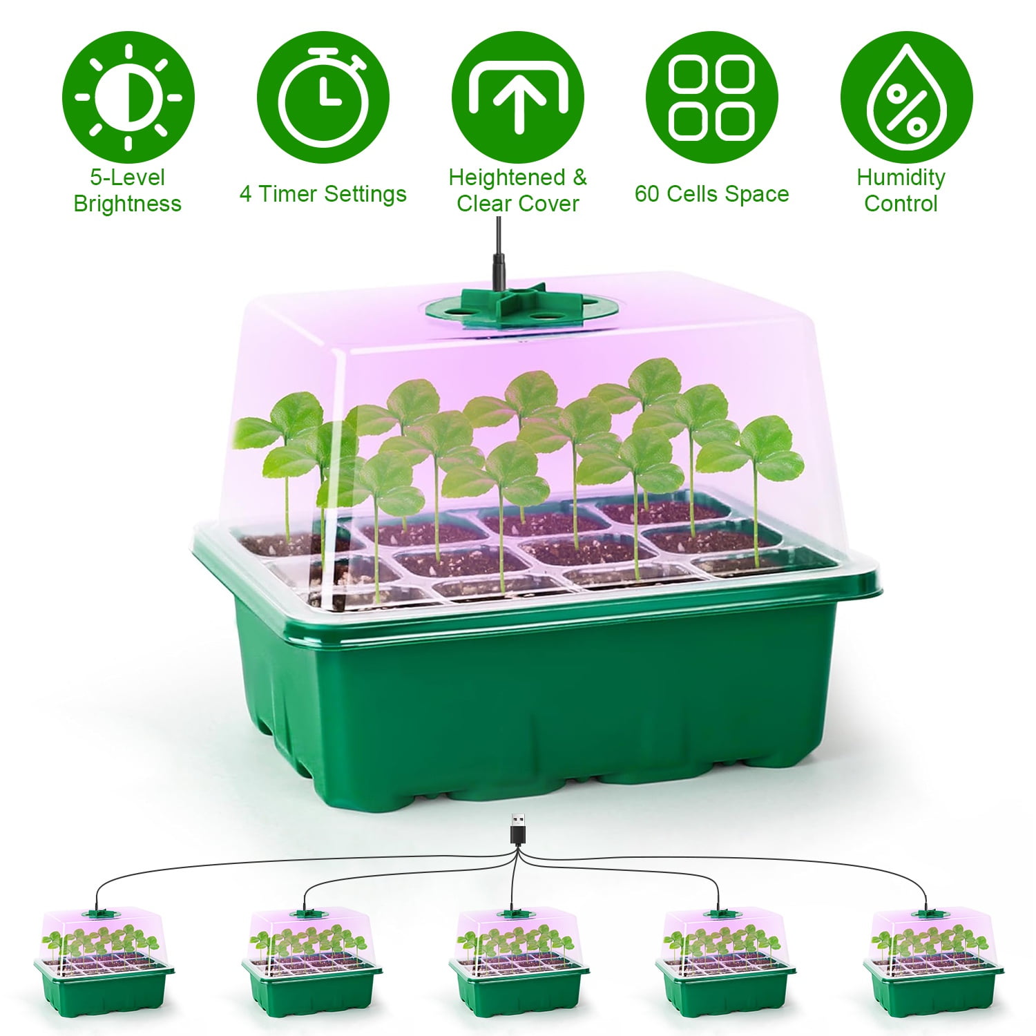 iMounTEK Seed Starter Tray With Grow Light, 5 Pack Humidity Dome Seed Starter Kit with 5-Level Brightness 4 Timers for Indoor Greenhouse