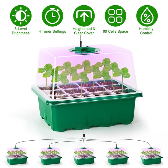 iMounTEK Seed Starter Tray With Grow Light, 5 Pack Humidity Dome Seed Starter Kit with 5-Level Brightness 4 Timers for Indoor Greenhouse