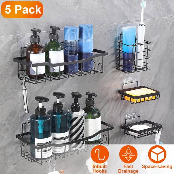 Moclever Shower Caddy Shelves Rustproof Durable Carbon Iron Wall Mounted Storage Shelves Adhesive Bathroom Organizer with 18 Inbuilt Hooks for Bathroom Kitchen 5 Pack