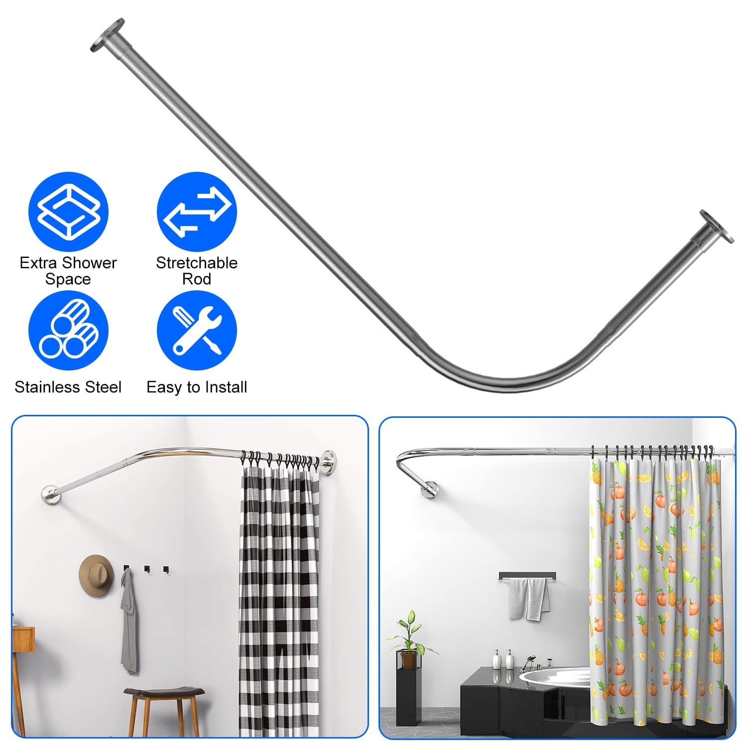 Moclever Stainless Steel L-Shaped Shower Curtain Rod, Rustproof ...