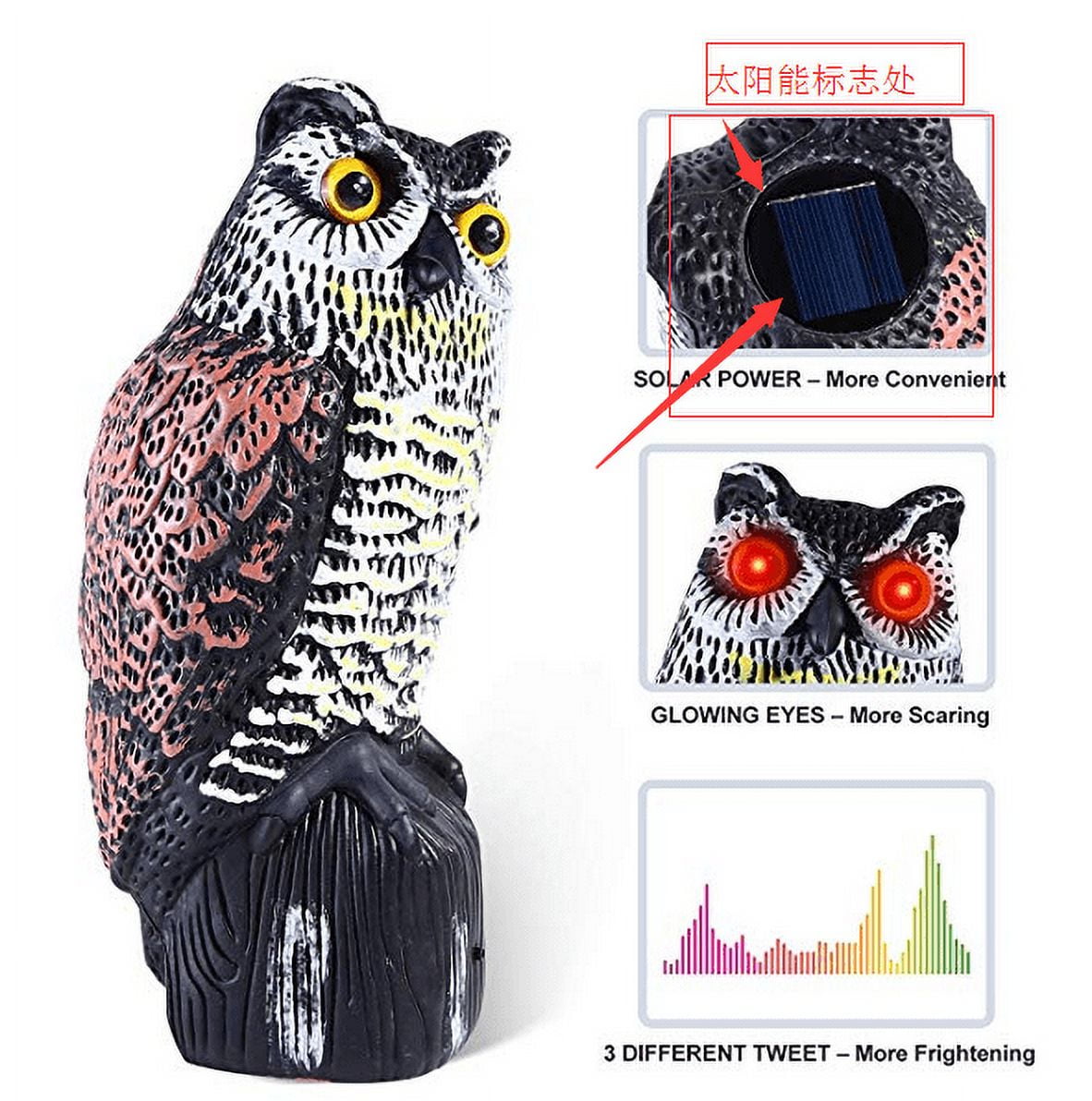 iMounTEK Solar Fake Horned Owl Statue, Motion Activated Scarecrow Deterrent Owl with Red Eyes