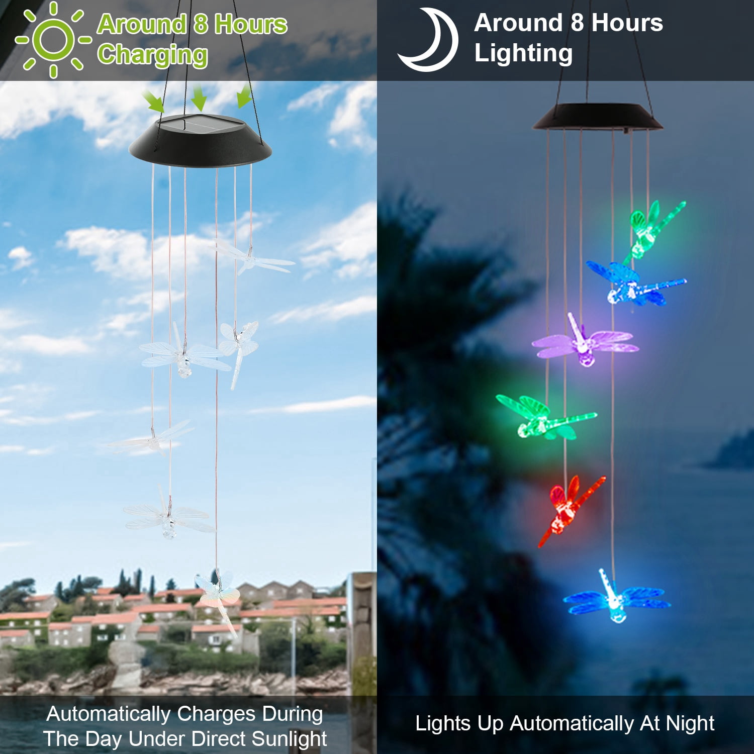 iMounTEK Solar Powered Dragonfly Lights Wind Chimes LED Color Changing Hanging Wind Lamp for Christmas Halloween Garden Patio decor
