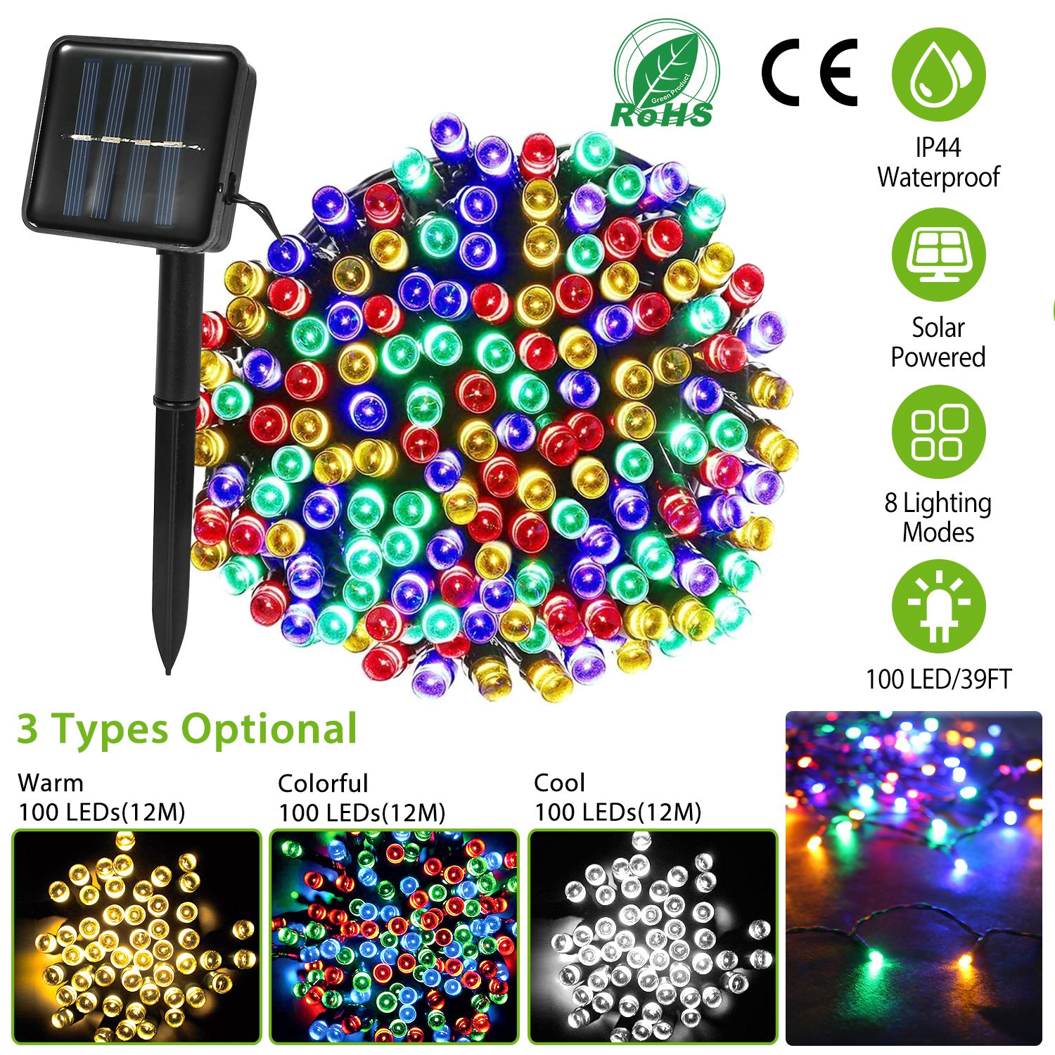 iMounTEK Solar String Lights LED Solar Power Fairy String Light 12M 100 LEDs 8 Lighting Mode