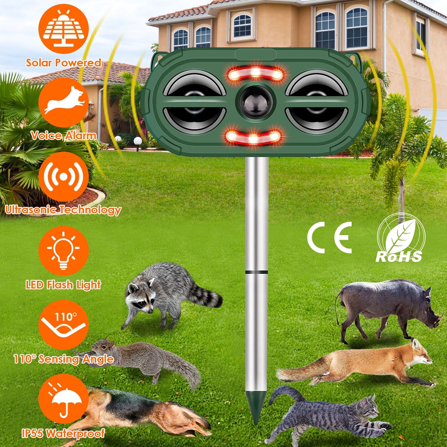 Moclever Solar Ultrasonic Animal Repeller Motion Sensor Animal Chaser ...