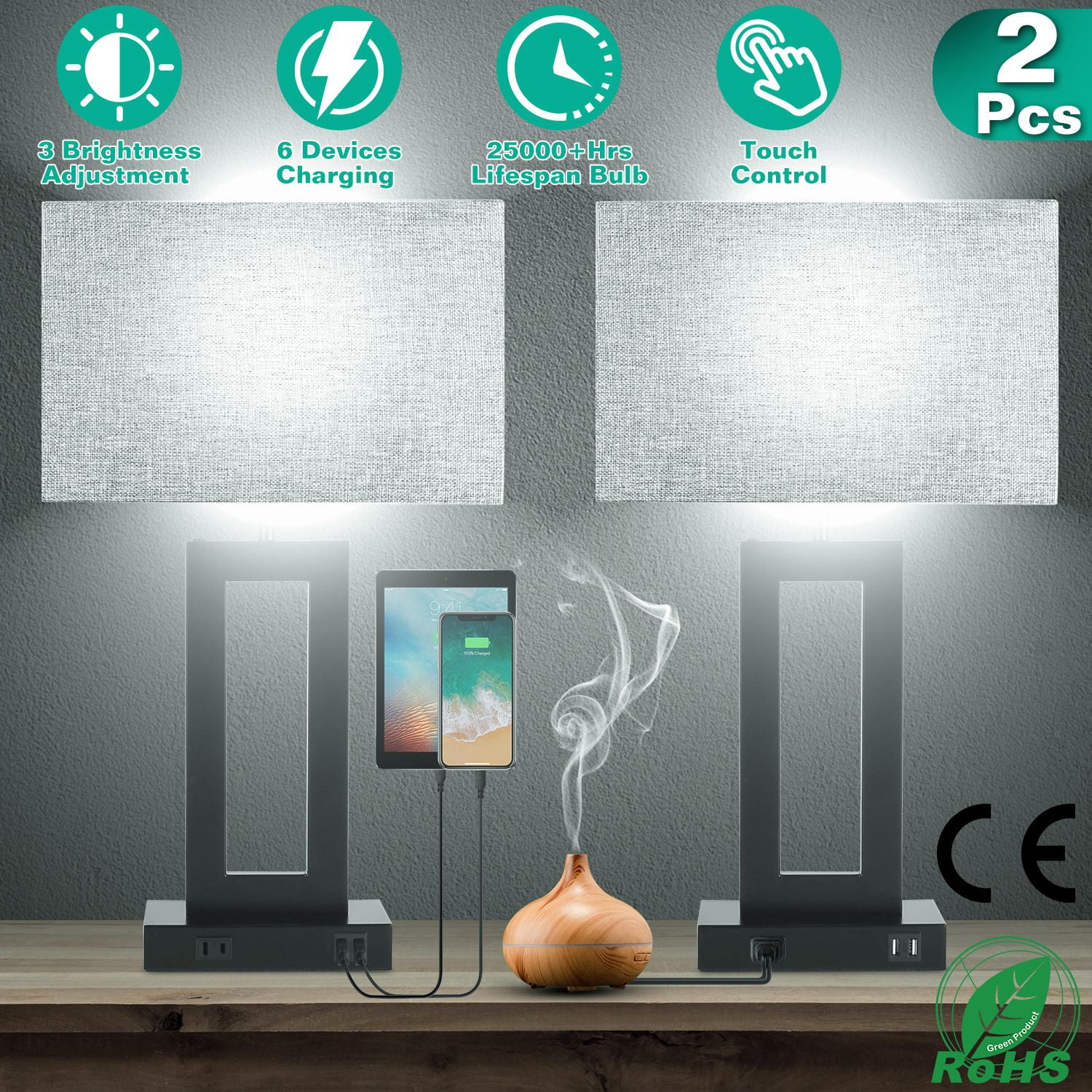 iMounTEK Table Lamps Set of 2 with USB Port, Touch Lamp Modern Farmhouse Side Table Lamp with 3