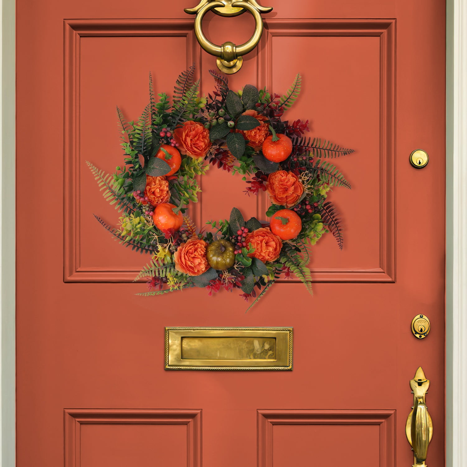 iMounTEK Thanksgiving Wreath Frame for Front Door Outside, 17.71in Fall Farmhouse Pumpkin Wreath Wreaths Christmas Wreath Garden Home Decorations