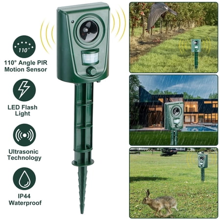 TeqHome Ultrasonic Animal Repeller IP44 Waterproof Motion Sensor Repellent Flashing LED Light For Outdoor ABS Green 1Pc