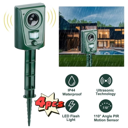 TeqHome Ultrasonic Animal Repeller IP44 Waterproof Motion Sensor Repellent Flashing LED Light For Outdoor ABS Green 4Pcs