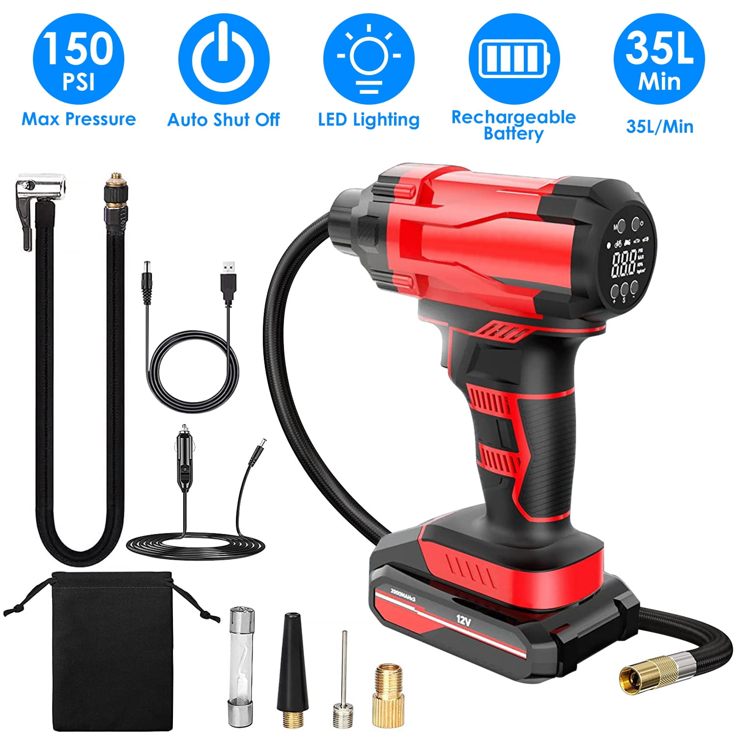 12V Cordless Tire Inflator Air Compressor for Car Bike Sport Ball, iMounTEK 150 PSI Car Tire Pump with Digital Pressure Gauge