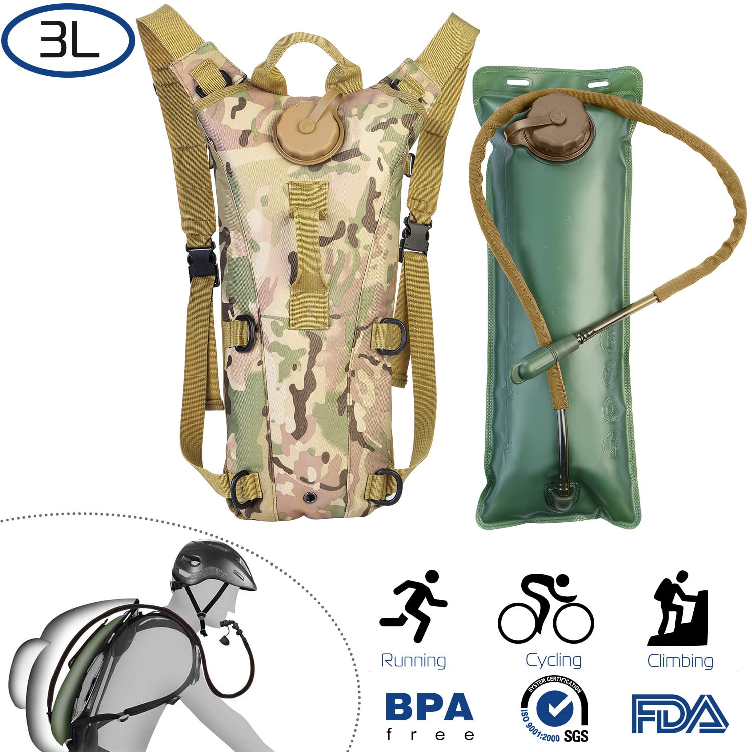 iMounTEK Water Backpack Hydration Pack 3L Drink Backpack for Cycling Climbing Running, Military Camo - image 1 of 8