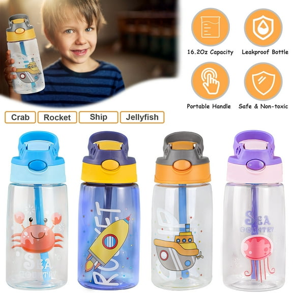 iMounTEK Water Bottles for Kids with Straw Push Button Sport Water Bottle, Ship Pattern