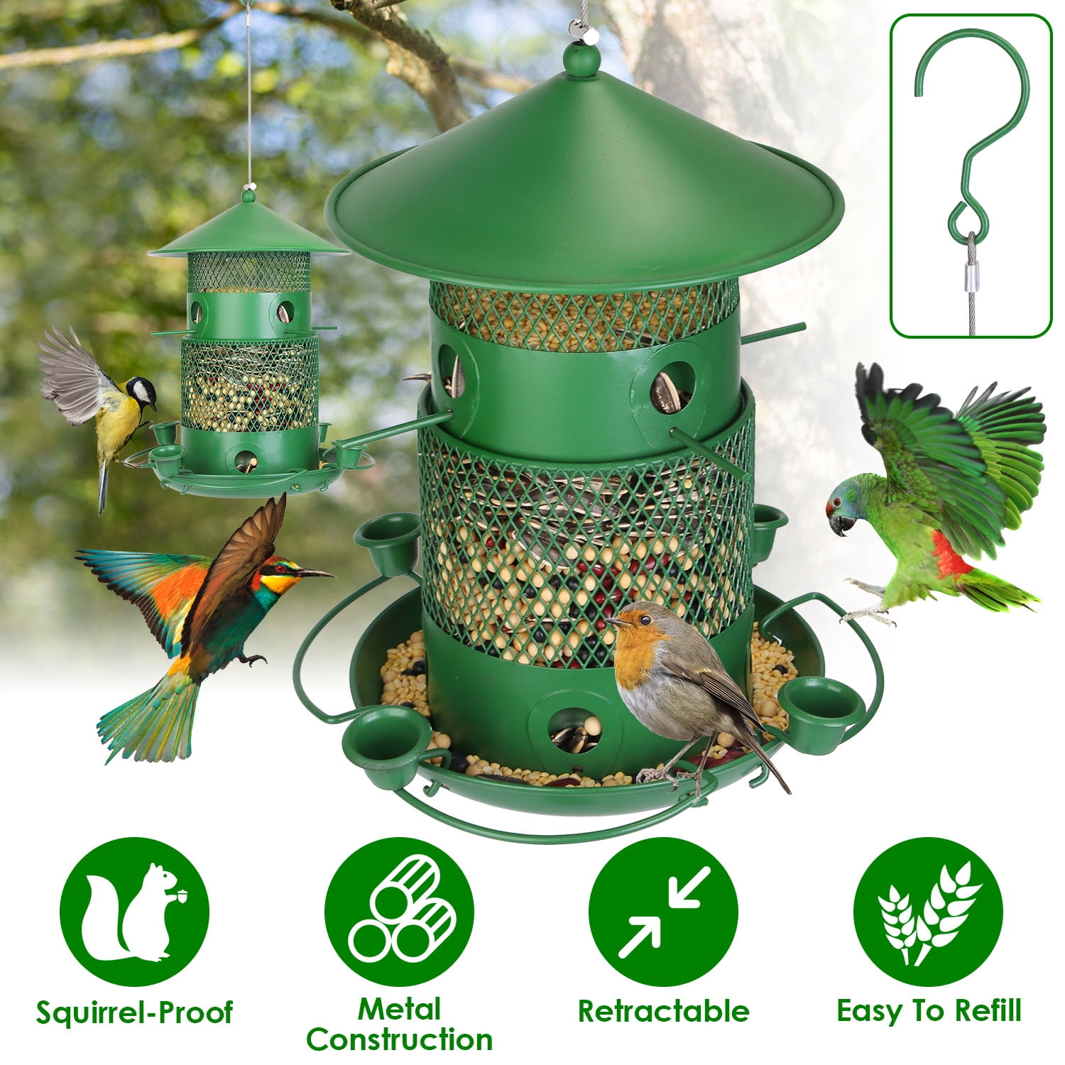 Moclever Wild Bird Feeder, Outdoor Hanging Bird Feeder Squirrel-Proof Chew-Proof with 360° Circular Perches Water Cups for Yard Garden Patio, Green