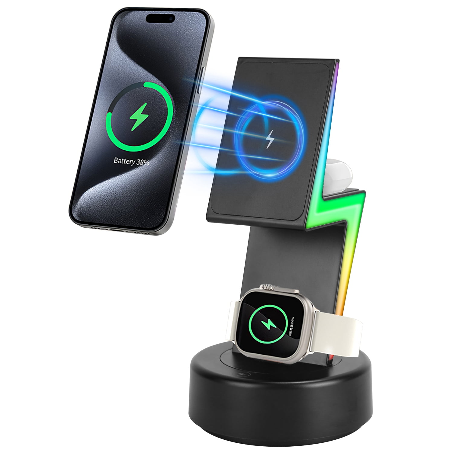 iMounTEK Wireless Charging Station for Phone and Earphone, 3-in-1 Magsafe Charger with 5 RGB Light Mode
