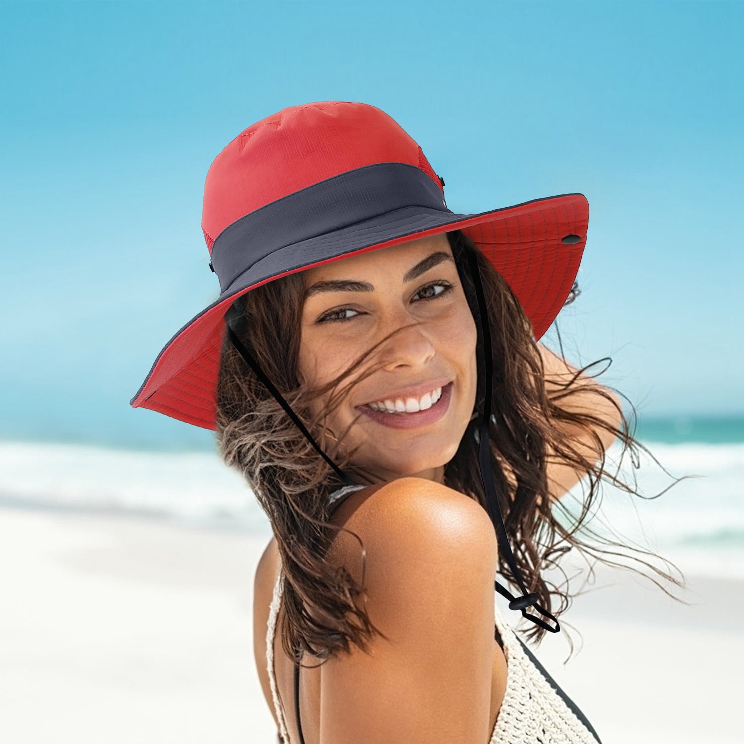 iMounTEK Women Summer Sun Bucket Hats, Foldable UV Protection Cotton Cap, Wide Brim Floppy Cap, Packable Ponytail Mesh Travel Hat for Beach Fishing