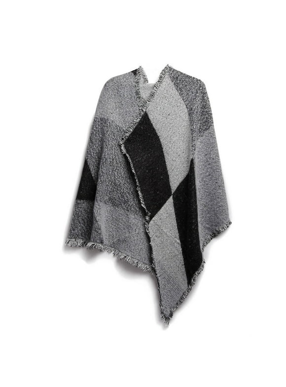 Moclever Women Winter Warm Scarf Long Soft Knitted Shawl Extra Thick Plaid Blanket Wrap Cape, Grey