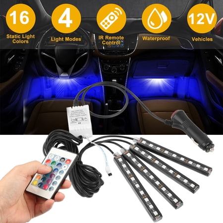 iMountek 4PCS 36LEDs 12V Car Atmosphere Light Strip IP65 Colorful RGB LED Neon Lights IR Remote
