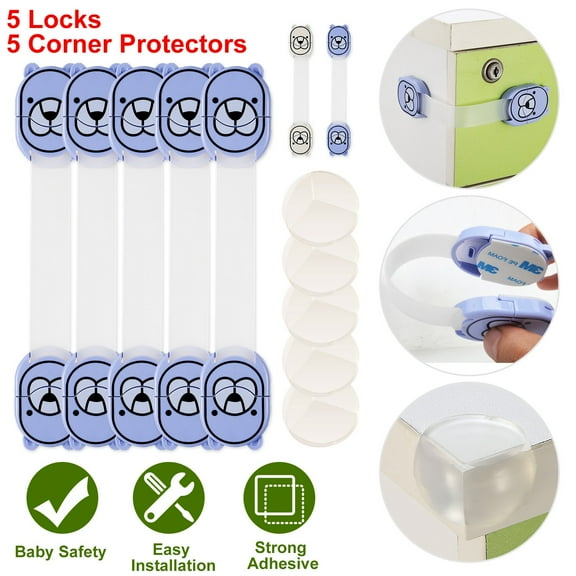 iMountek 5Pcs Kids Safety Locks with 5 Furniture Corner Protectors Drawer Cabinet Strap Locks Baby-Proof Adhesive Fridge Latches Locks