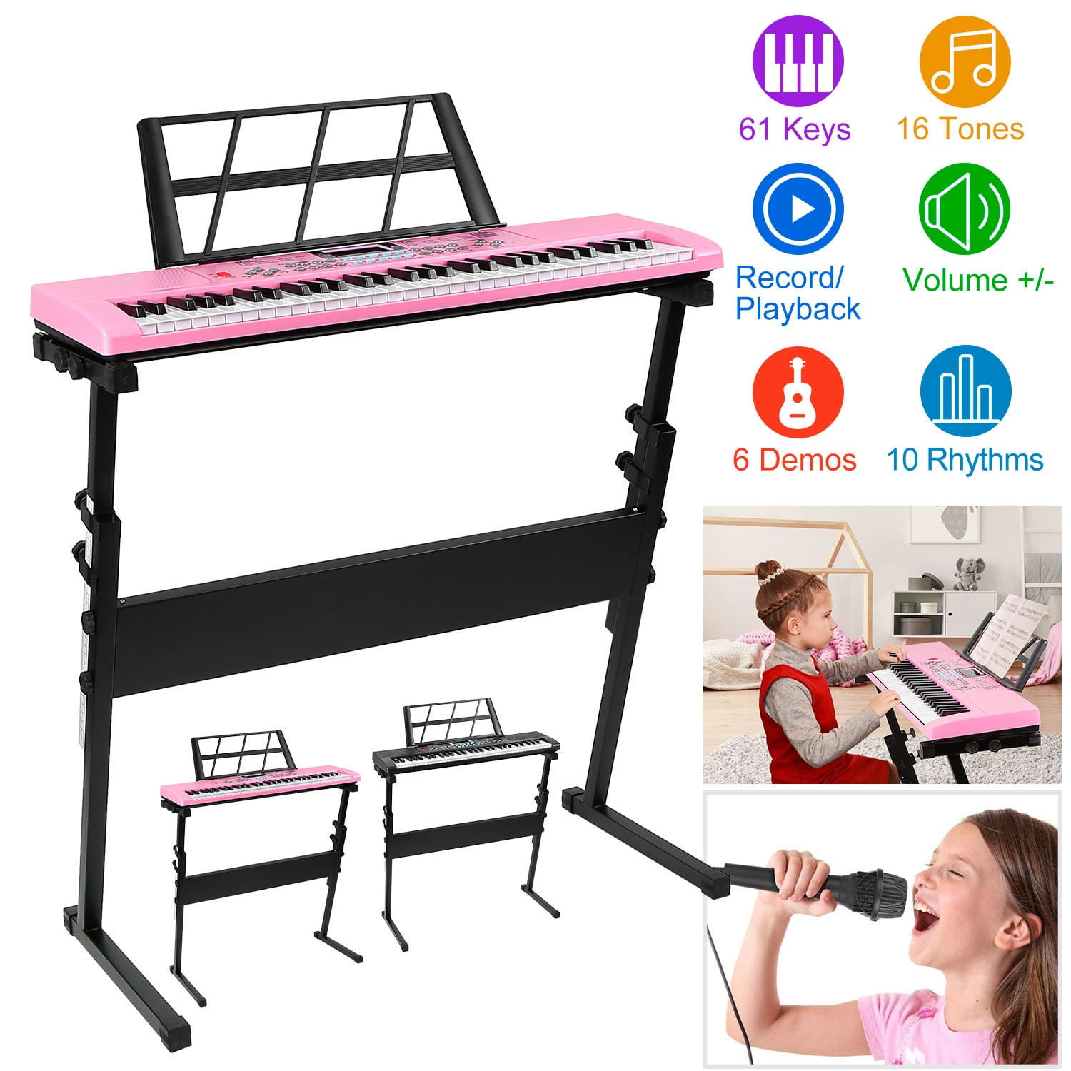 Moclever 61 Keys Digital Music Electronic Keyboard, Electric Keyboard Piano with Stand Microphone for Beginners Kids, Pink