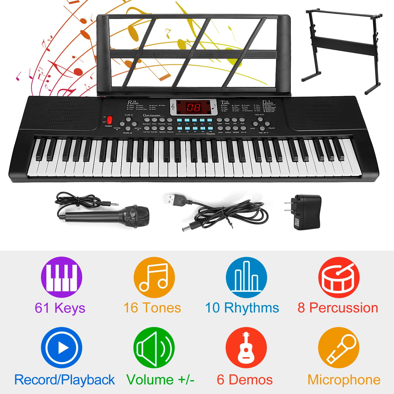 iMountek 61-key Portable Digital Piano Electrionic Keyboard for Beginner  with Stand ,Microphone, Black 