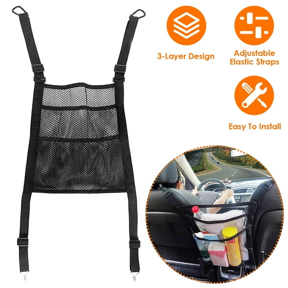TeqHome Car Mesh Organizer 3 Layer Seat Back Net Pocket Bag Cargo Elastic Tissue Purse Holder Driver Storage