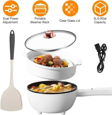 iMountek Electric Hot Pot Non-Stick Frying Pan Portable Rapid Noodles Cooker with Long Handle Steamer Spatula Dual Power Control Overheat Dry-Boil Protection