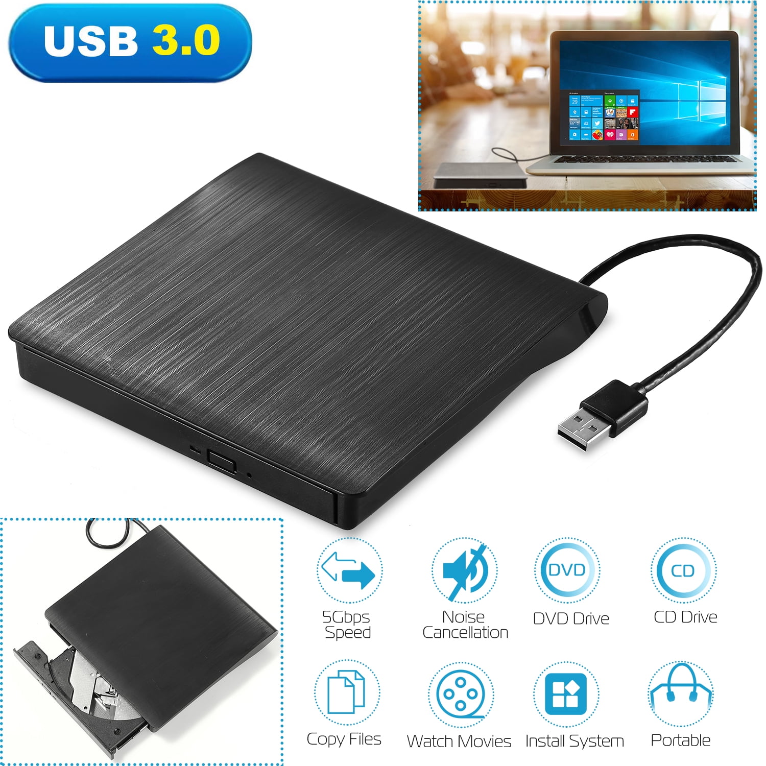 Imountek External CD DVD Drive, USB 3.0 Slim DVD-RW Drive for PC ...