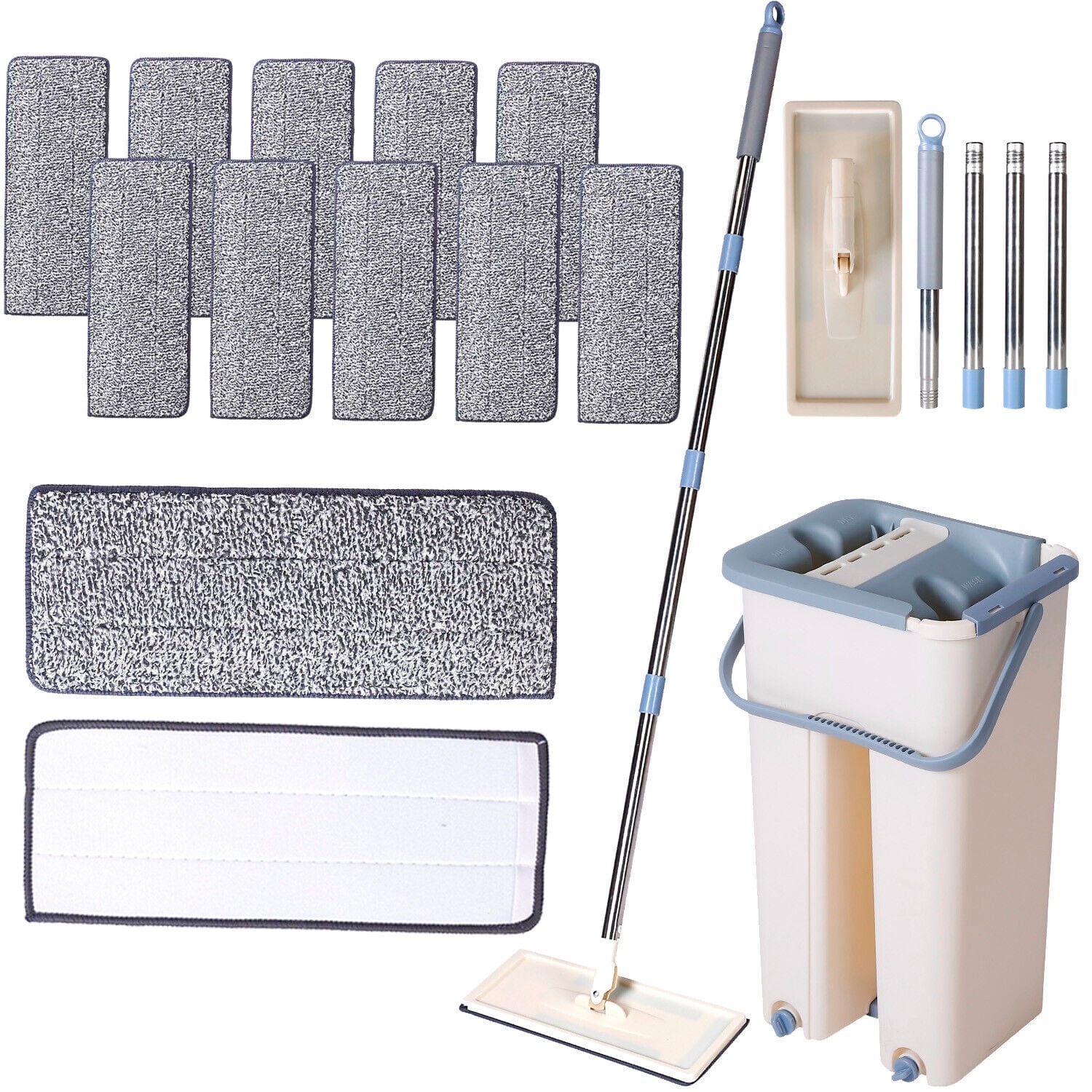 Beige Flat Mop and Self-Cleaning Bucket Set with Microfiber Pads