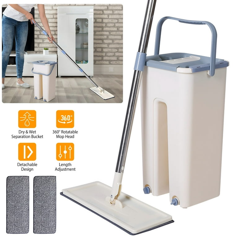 iMountek Flat Floor Mop Bucket Set Self Cleaning Wet Dry Usage with 2Pcs  Reusable Microfiber Mop Pads