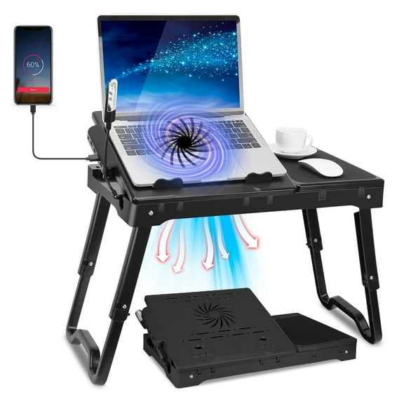 Laptop Desk for Bed, Imountek Foldable Laptop Table with Cooling Fan LED Light 4 USB Ports Mouse Pad & Storage Tray for Home Office Use