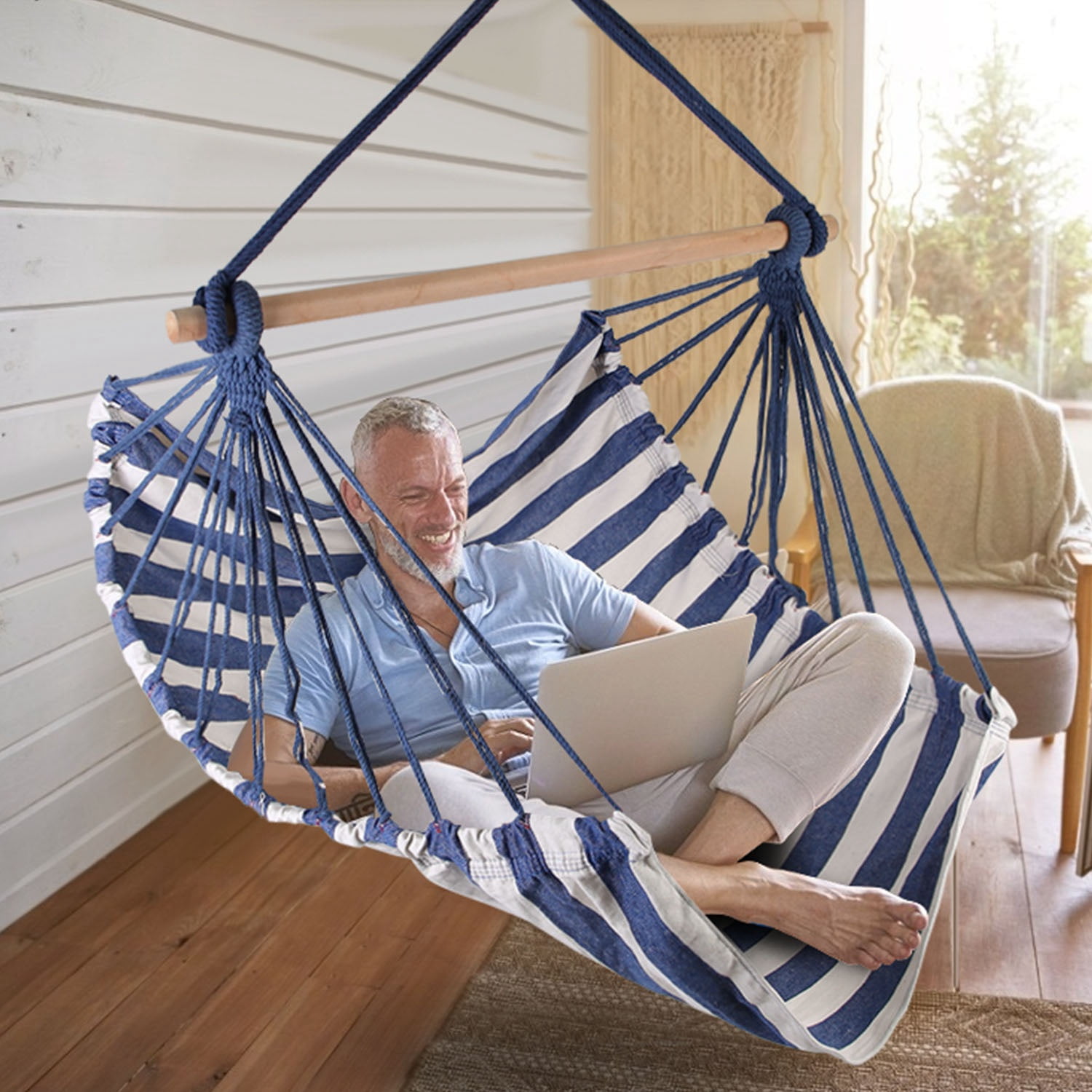 iMountek Hanging Chair Canvas Porch Patio Swing Seat Portable Camping Rope Seat Wooden Stick Hammock Chair Blue Walmart