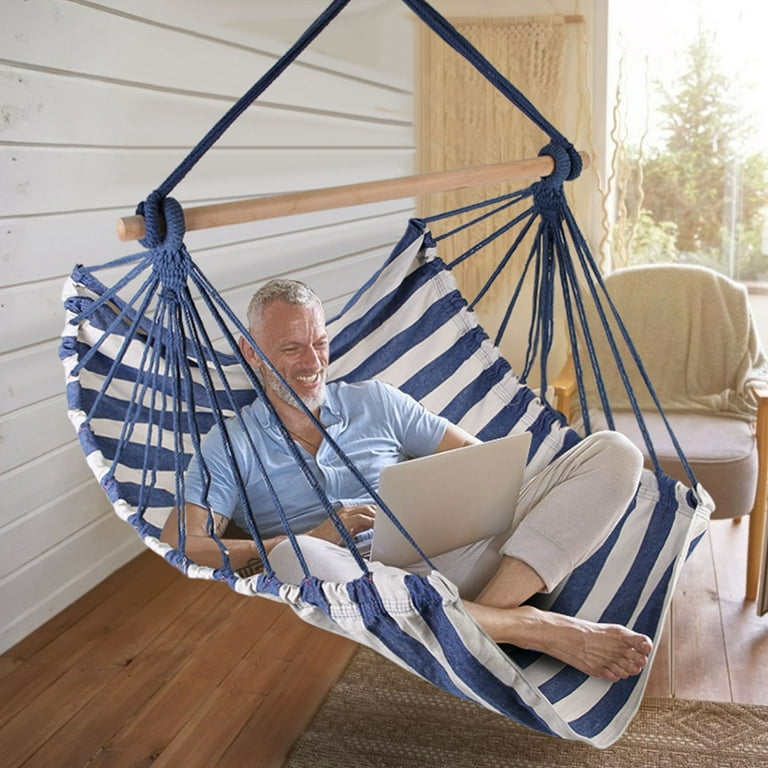 iMountek Hanging Chair Canvas Porch Patio Swing Seat Portable Camping Rope Seat Wooden Stick Hammock Chair Blue