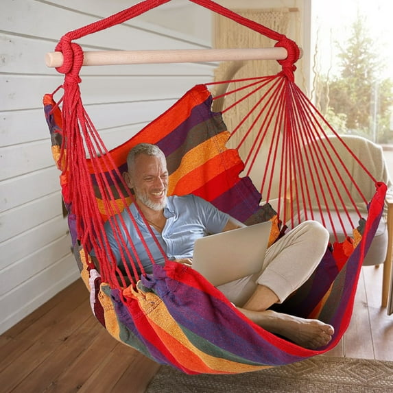 iMountek Hanging Chair Canvas Porch Patio Swing Seat, Portable Camping Rope Seat Wooden Stick Hammock Chair, Red