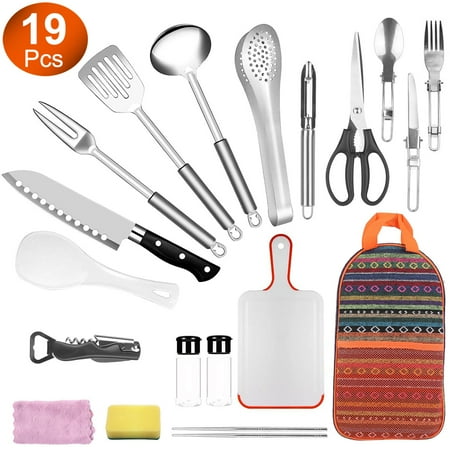 iMountek Portable Camping Kitchen Utensil Set Stainless Steel Outdoor Cooking and Grilling Utensil Organizer Travel Set (19PCS)